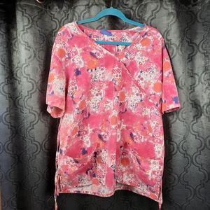 Size 2X (20-22) Carol's Scrubs Top Pink with Hearts Floral Dragonfly designs.